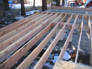 Wooden deck construction in progress