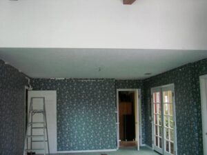 Interior room with ladder and floral wallpaper.