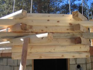 Wooden log cabin construction detail.